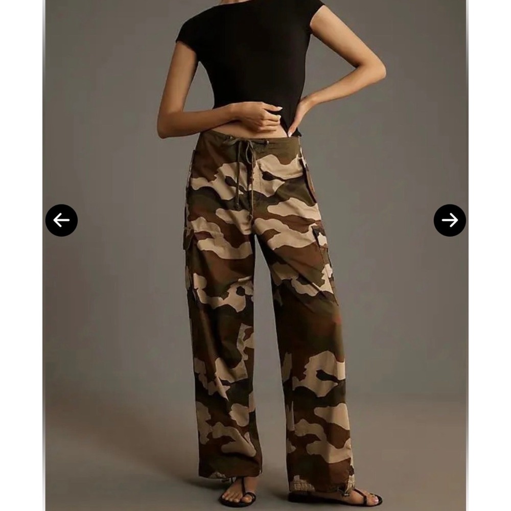 Good American Womens LARGE Cargo Pants Fatigue Green Camo Wide Leg GPP600P NEW
